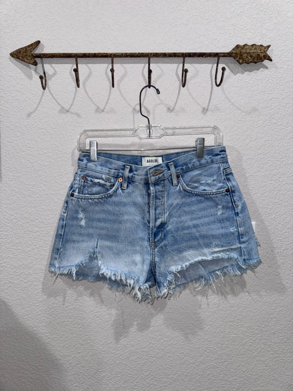 Agolde Light Wash Distressed Frayed Hem Denim Shorts